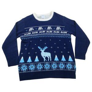 Aldi Gear Christmas Sweater Womens‎ Large Navy Reindeer Snowflake Knit Crew Neck